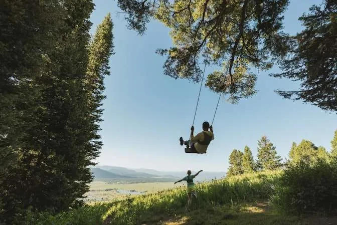 Person swinging on a tree swing overlooking a scenic mountain view, with another person in the background enjoying the outdoor setting at Jackson Hole Mountain Resort.