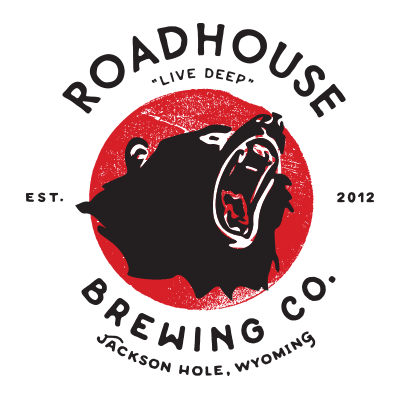 Roadhouse Brewing Co. logo featuring a roaring bear, emphasizing "Live Deep," established in 2012, located in Jackson Hole, Wyoming.